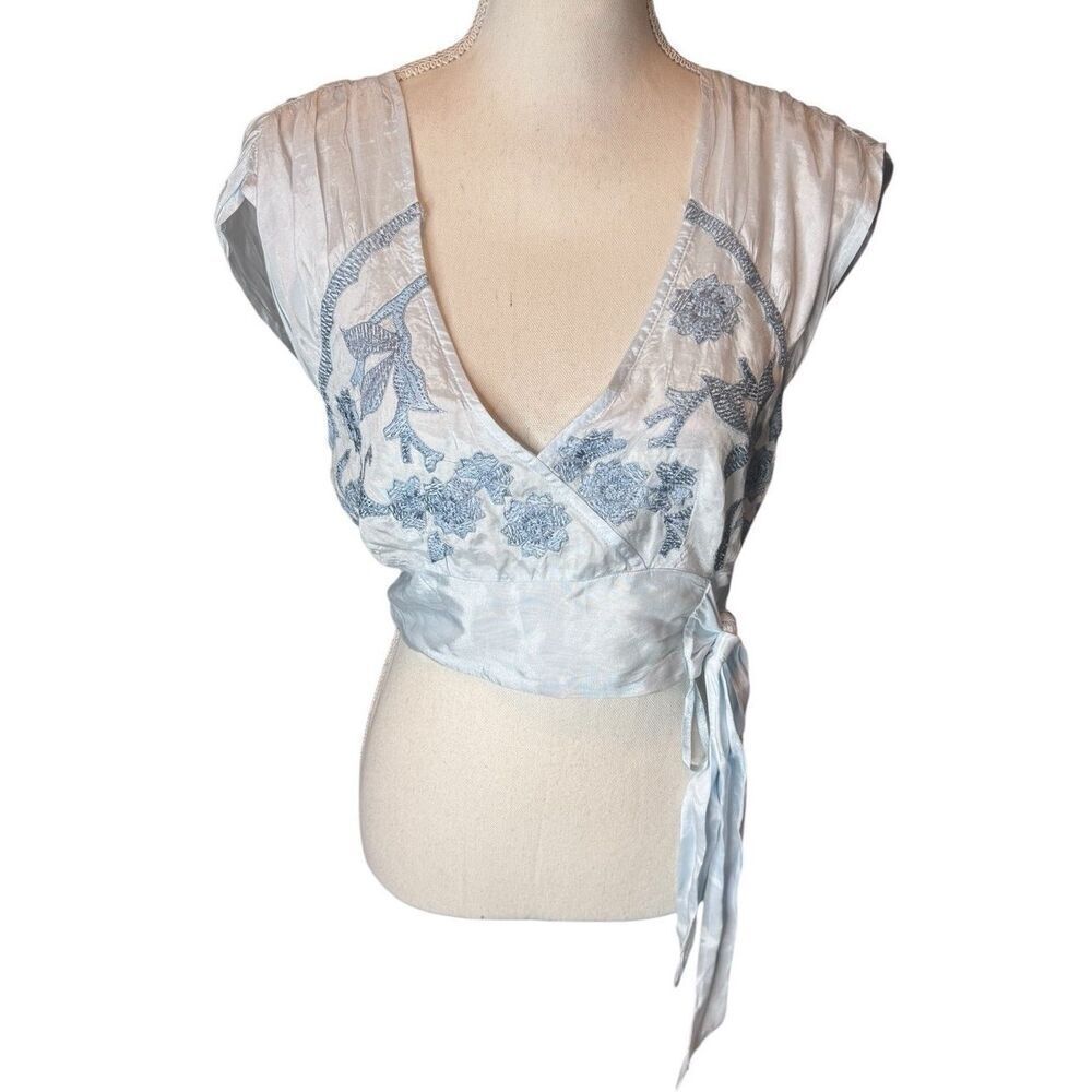 Free People Sahara Embroidered Crop Top Blue Morning Boho $108 NWT Sz S